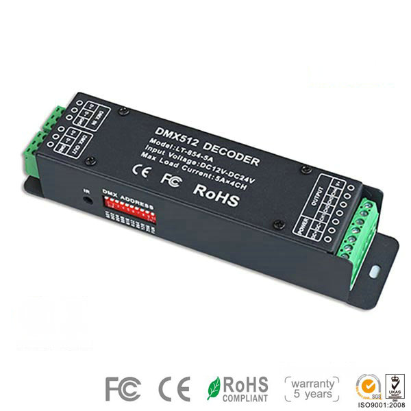 LT-854-5A, 4CH CV DMX Decoder, High-end DMX512 Decoder Control Single Color, Two Color, RGB, RGBA, RGBW LED Lights, 5 Warranty LT-854-5A, 4CH CV DMX Decoder, High-end DMX512 Decoder Control Single Color, Two Color, RGB, RGBA, RGBW LED Lights, 5 Warranty